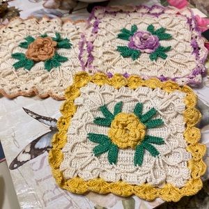 Lot of 3 crocheted 2 layer floral potholders/hot pads 6 1/4” x 6 1/4”